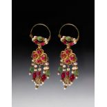 A PAIR OF GEM SET GOLD BUKHARA EARRINGS, 20TH CENTURY