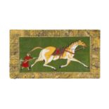 A MUGHAL PAINTING OF A GALLOPING HORSE WITH TRAINER & REVERSE CALLIGRAPHIC PANEL, 1800'S, EARLY 19TH