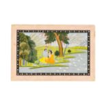 GEET GOUIMD SERIES: RADHA & KRISHNA ROMANCING NEAR RIVER IN A LANDSCAPE SETTING, KANGRA SCHOOL, CIR