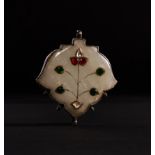 A MUGHAL WHITE JADE GEM SET LEAF PENDANT, 19TH CENTURY