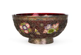 A JAPANESE SILVER & ENAMEL INSCRIBED BOWL, FITTED WITH A RUBY COLOURED GLASS, MEIJI PERIOD (1868-191