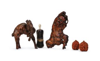 ASSORTMENT OF CHINESE WOOD AND NUT CARVINGS, 18TH CENTURY