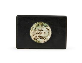 A CHINESE JADE "DRAGON PLAQUE" MOUNTED ON A ZITAN RECTANGULAR BOX, 18TH CENTURY