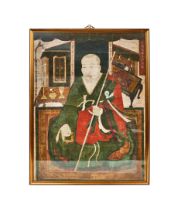 AN INSCRIBED PAINTING OF A PRIEST ON PAPER, 18TH CENTURY, FRAMED, CHINESE OR KOREAN