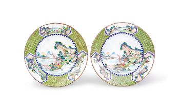 AN EXCEEDINGLY RARE PAIR OF GREEN BACK LANDSCAPE ENAMEL DISHES, QIANLONG MARK & OF THE PERIOD (1736-