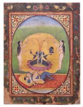 AN OVAL KANGRA TANTRIK "CHINNA-MASTA" PAINTING DEPICTING AN EROTIC EMBRANCE BELOW DEVI, KANGRA SCHOO