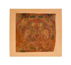 A SOGDIAN SILK SAMITE FRAGMENT WITH CONFRONTING LIONS, CENTRAL ASIA, 7TH-9TH CENTURY