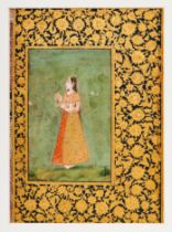 ATTRIBUTED TO THE MUGHAL MASTER MANOHAR, A PORTRAIT OF A PRINCESS, MOUNTED ON A ROYAL ALBUM PAGE,IND