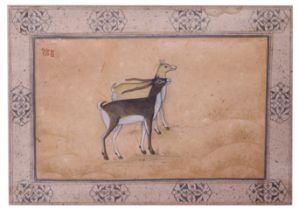 A MUGHAL SKETCH OF A DEER PAIR WITHIN MEDALLION BORDERED, MUGHAL, 18TH CENTURY, INDIA