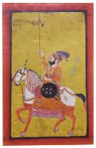 AN EQUESTRIAN COLOURFUL PORTRAIT OF A MAHARAJA, NEPHEW OF BIKANER, GHANERAO SCHOOL, 1820'S