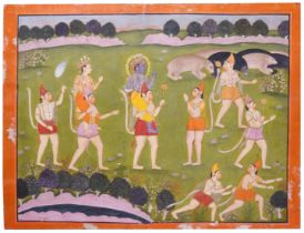 A JUNGLE CROSSING SCENE DEPICTING RAM & LAKSHMAN SEATED ON THE SHOULDER OF HANUMAN & ANOTHER MONKEY