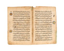 A LARGE ILLUMINTED MAMLUK QURAN BIFOLIO, 14TH CENTURY EGYPT