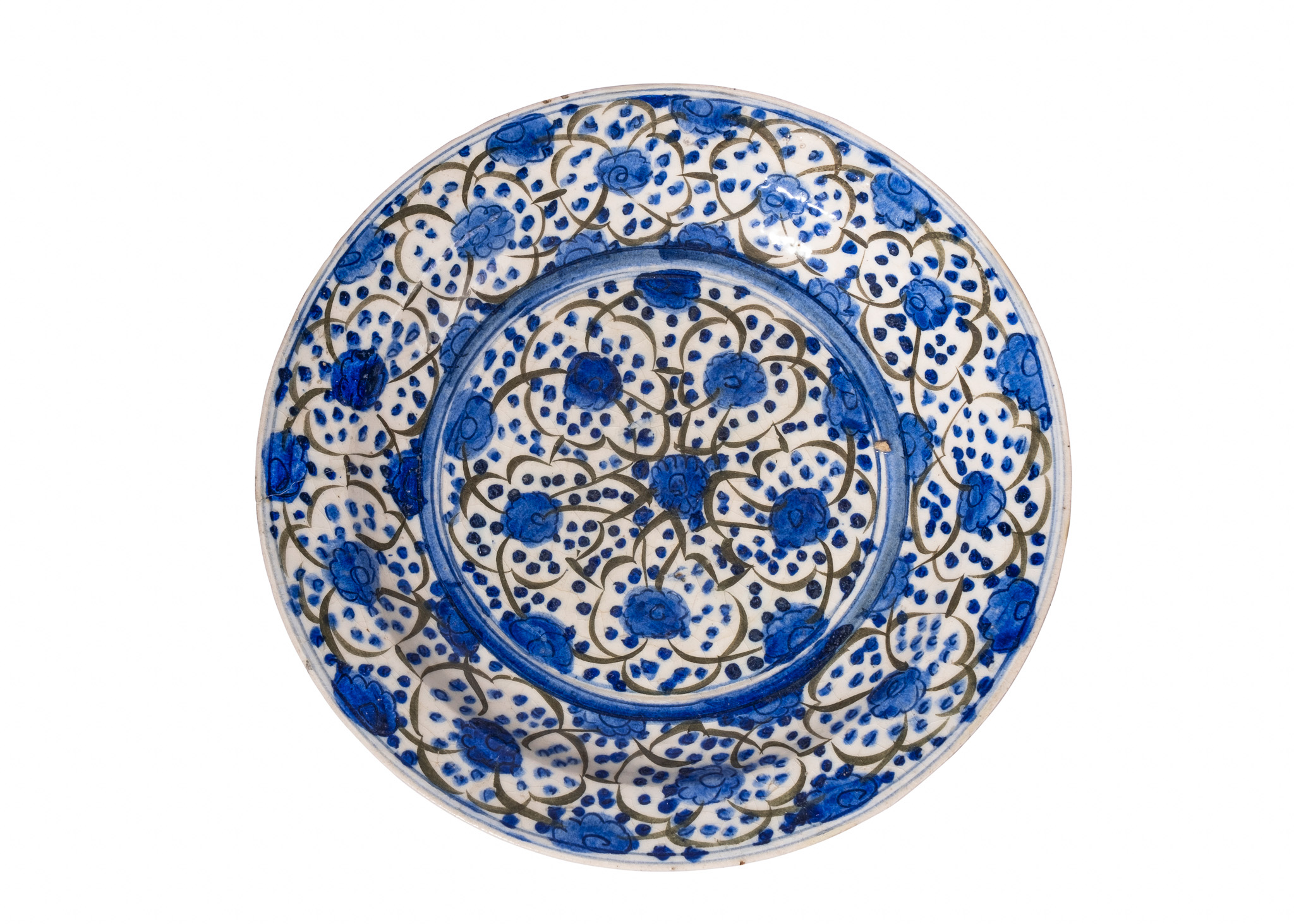 A SAFAVID BLACK, BLUE AND WHITE "KUBACHI" POTTERY DISH PROBABLY TABRIZ, IRAN, EARLY 17TH CENTURY