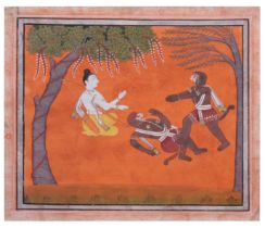 A SCENE FROM A RARE SHANGRI RAMAYANA DEPICTING RAM WATCHING THE MONKEYS WRESTLING, PAHARI SCHOOL, 17