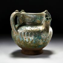 AN EXCEEDINGLY RARE DOUBLE HEADED GLAZED TURQUOISE KASHAN JUG, 13TH CENTURY, PERSIA