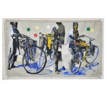 MANOHAR H. RATHOD "THREE BICYCLISTS" SIGNED & DATED 2012 ON THE BACK