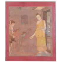 A BENGAL WATERCOLOUR WASH PAINTING OF GAUTAM BUDDHA & A LADY WITH CHILDREN, R.R. DAS