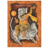 M.F. HUSAIN (1915-2011) "LORD GANESH ON A BULL WATCHING BY SUN GOD"