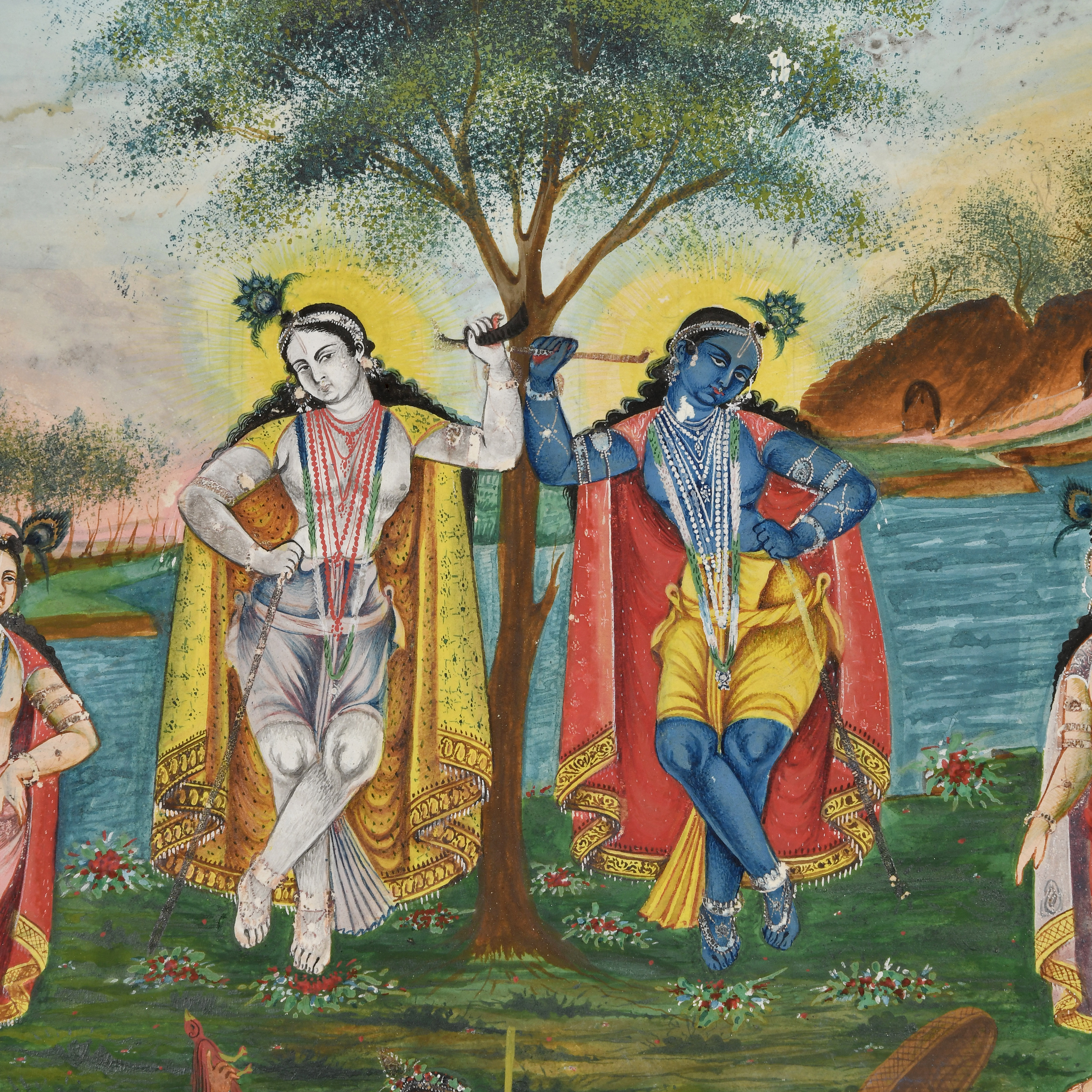 KRISHNA & RADHA IN VRINDAVAN WITH GOPIS & GOPALS HEARDING COWS, DUTCH-BENGAL SCHOOL, 20TH CENTURY - Image 4 of 4