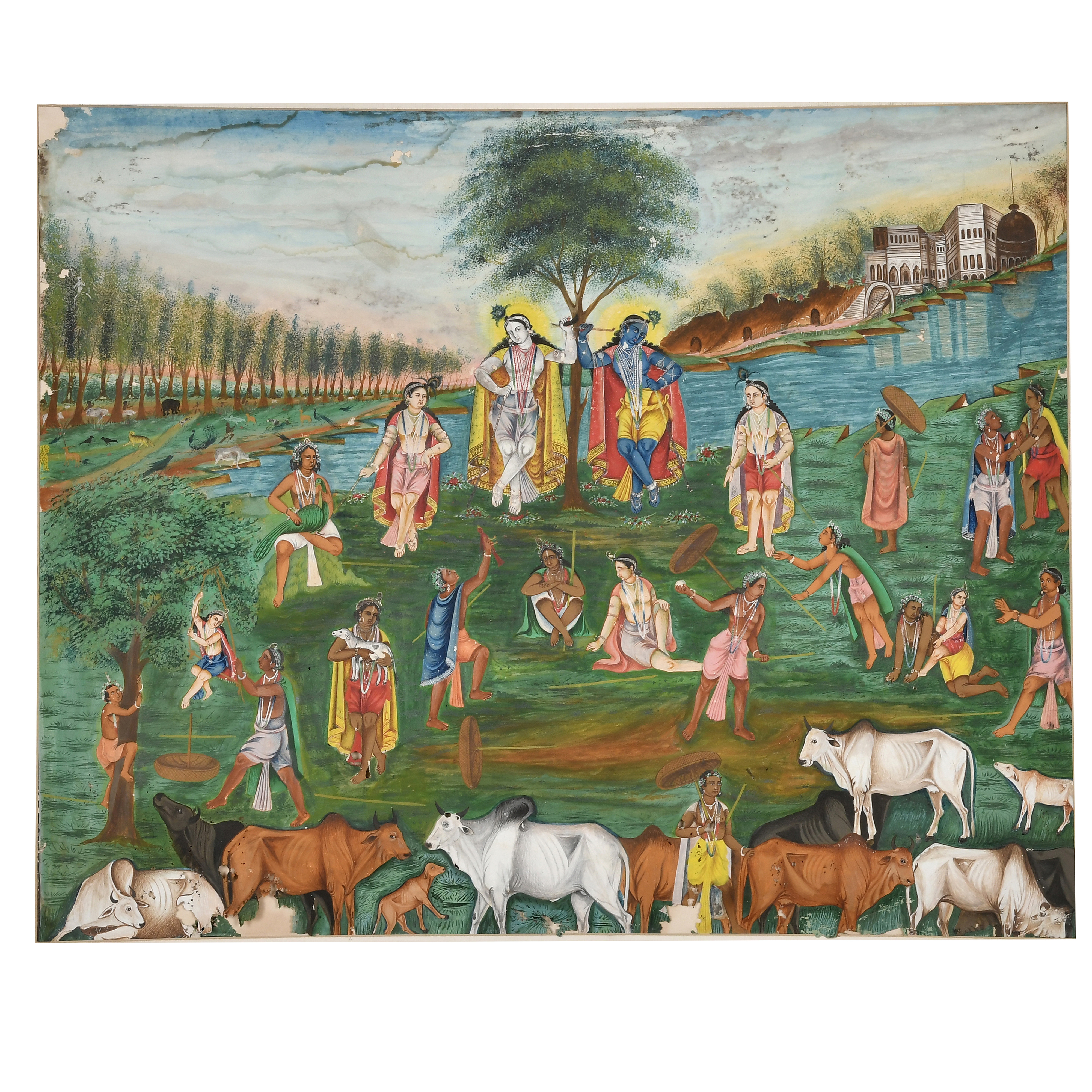 KRISHNA & RADHA IN VRINDAVAN WITH GOPIS & GOPALS HEARDING COWS, DUTCH-BENGAL SCHOOL, 20TH CENTURY