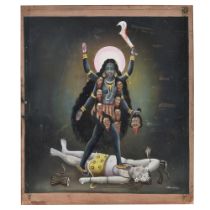 GODDESS KALI WITH NARMUNDA (THE DEMON SLAYER) SIGNED "ARUKUL" 20TH CENTURY