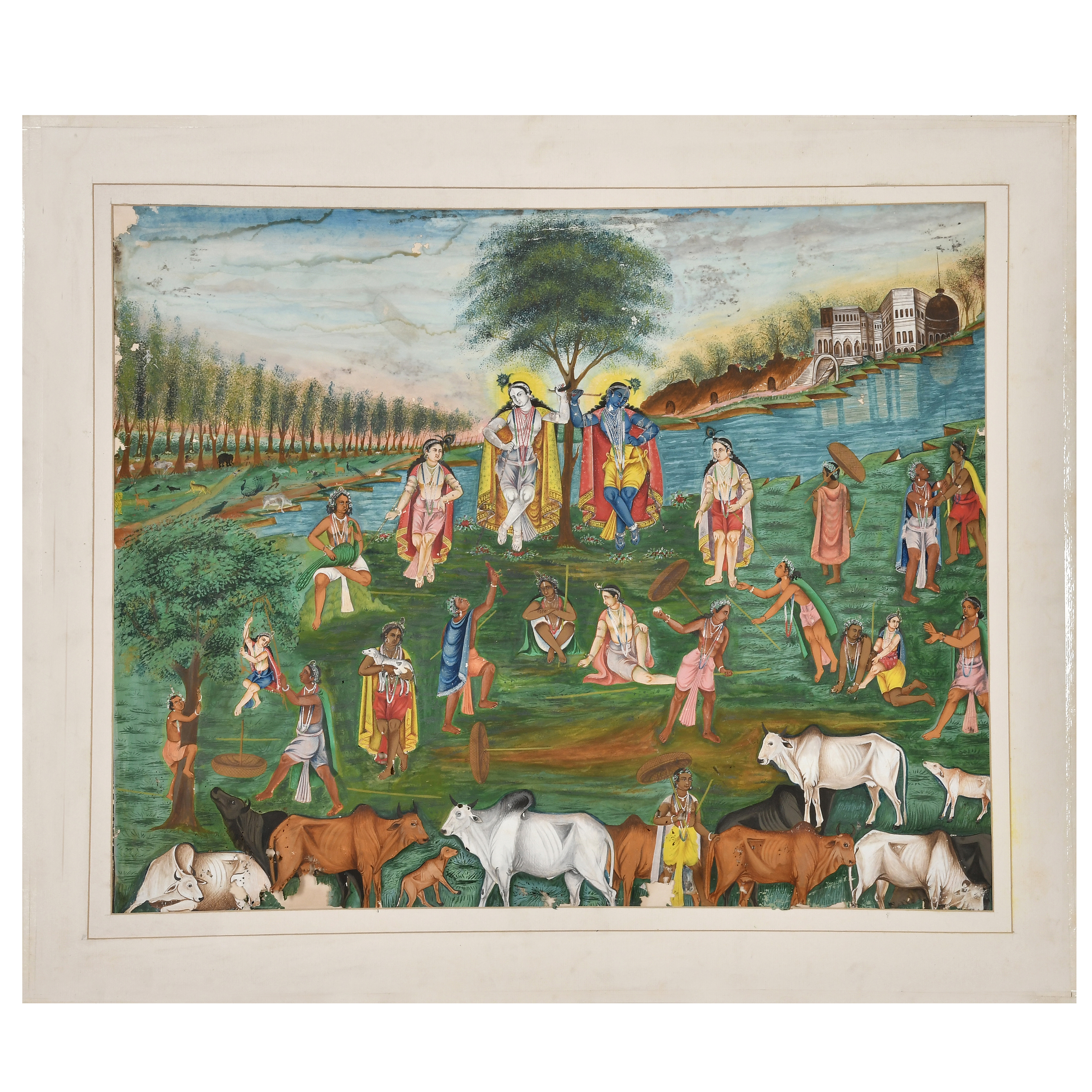 KRISHNA & RADHA IN VRINDAVAN WITH GOPIS & GOPALS HEARDING COWS, DUTCH-BENGAL SCHOOL, 20TH CENTURY - Image 2 of 4