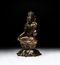 A HIGHLY IMPORTANT GANDHARA SILVER INLAID BRONZE SEATED BODHISATTVA , 7TH/8TH CENTURY