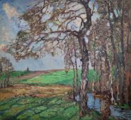 Kolbe, Ernst (1876 Marienwerder – 1945 Rathenow) „Landschaft mit Bachlauf unter Birken, pflügendem B