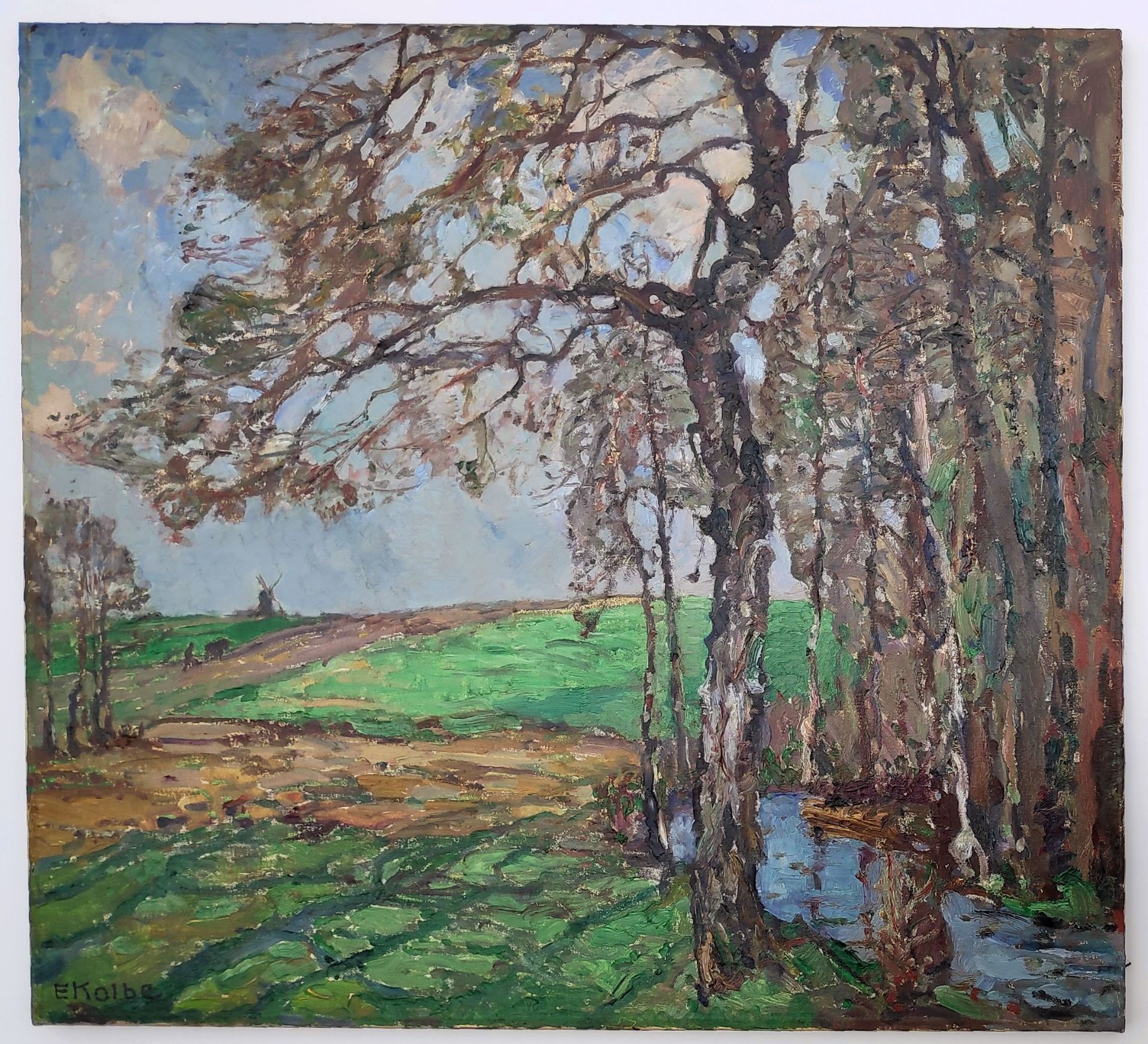 Kolbe, Ernst (1876 Marienwerder – 1945 Rathenow) „Landschaft mit Bachlauf unter Birken, pflügendem B - Image 2 of 4