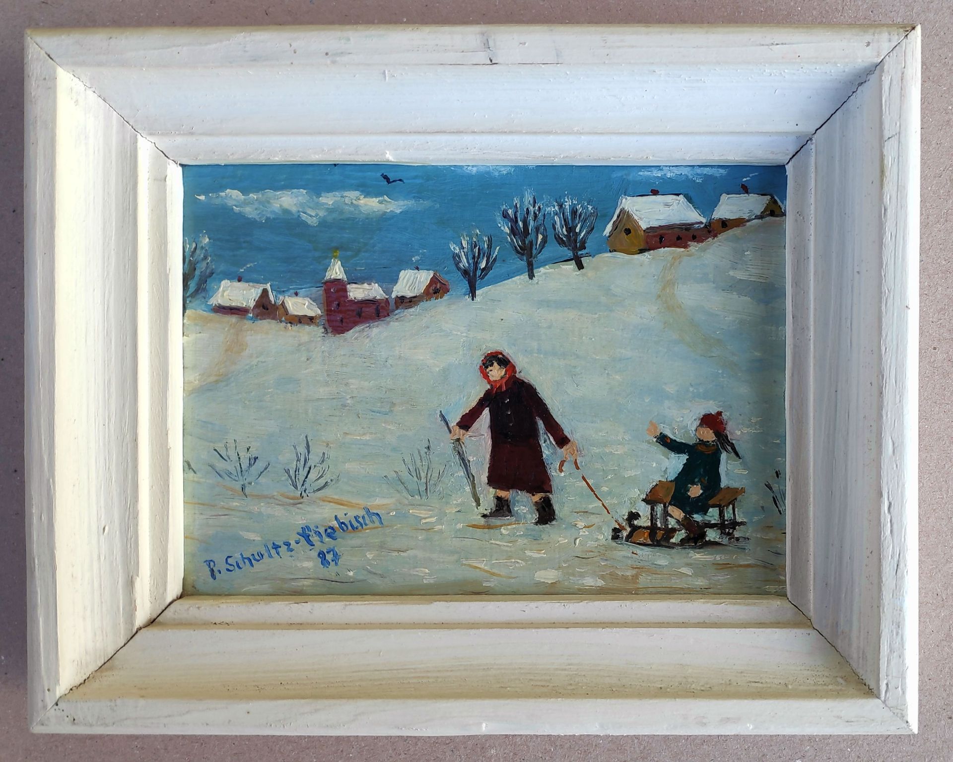 Schultz-Liebisch, Paul (1905 Reinickendorf – 1996 Berlin Pankow) „Winterlandschaft mit Schlitten“ - Bild 2 aus 3