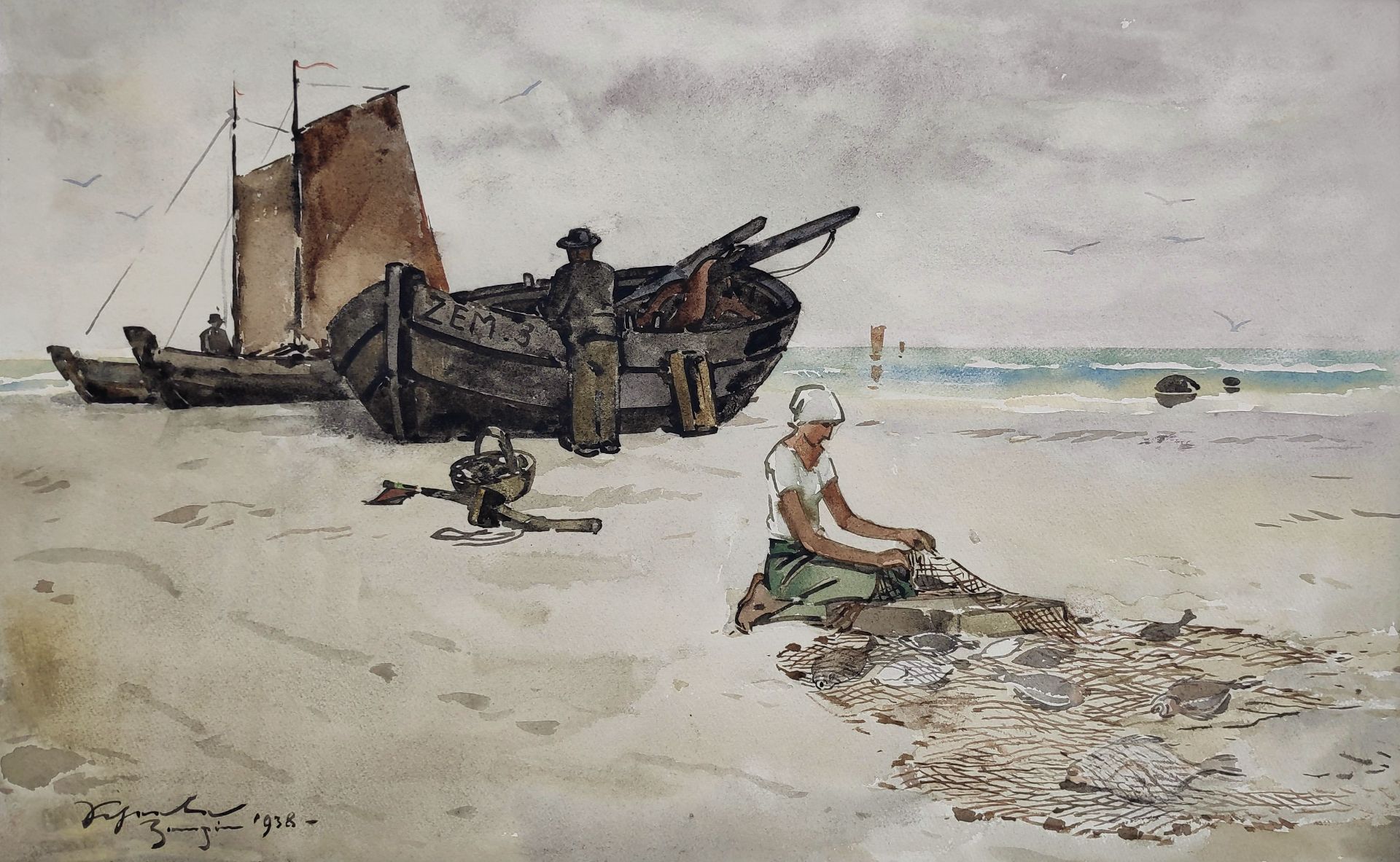 Scheele, Hugo (1881 Arnsberg - 1960 Greifswald) „Zempiner Fischerpaar am Strand“