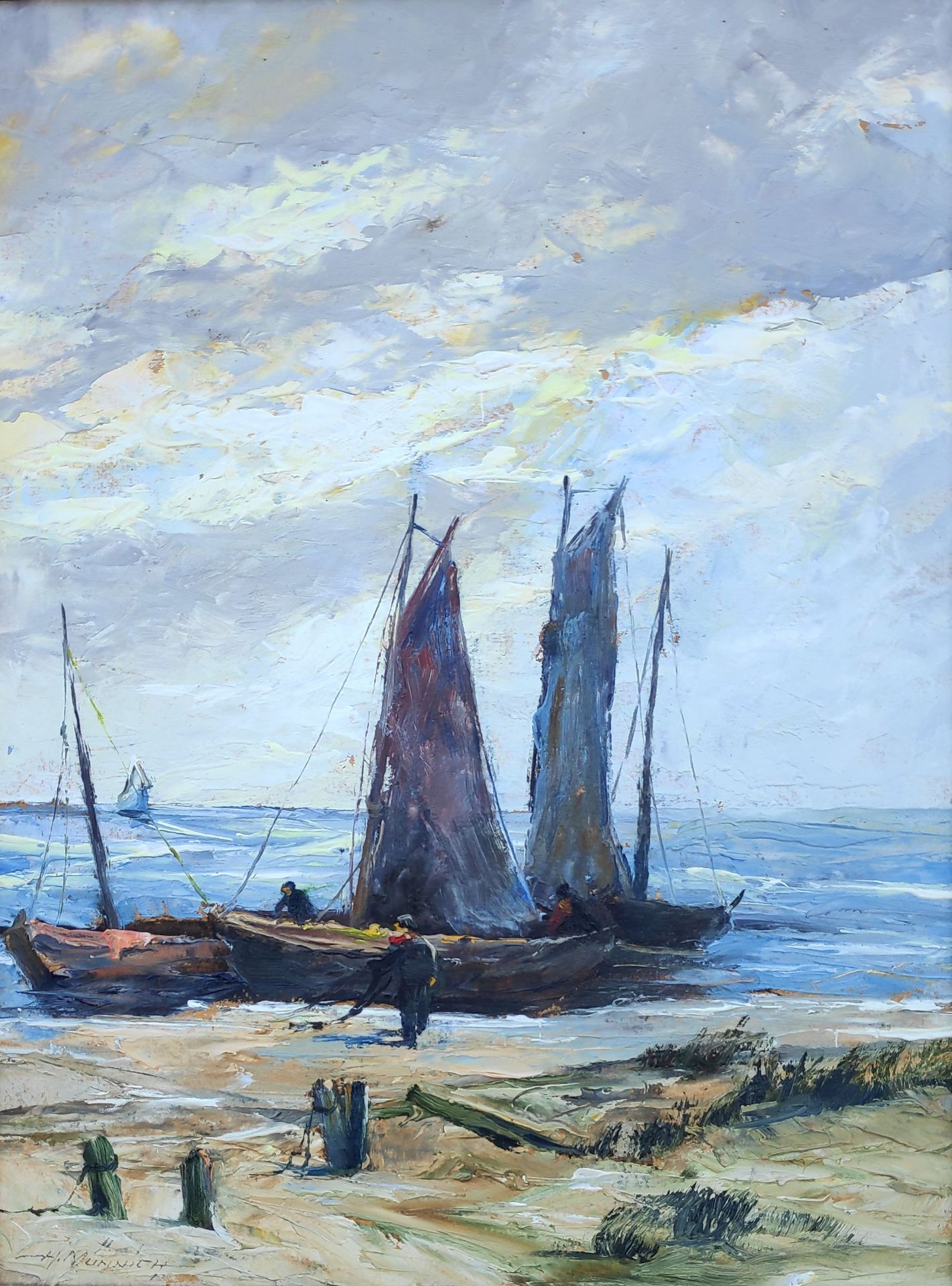 Münnich, Hans (1892 Chemnitz – 1970 Karl-Marx-Stadt) "Fischerboote am Ostseestrand"