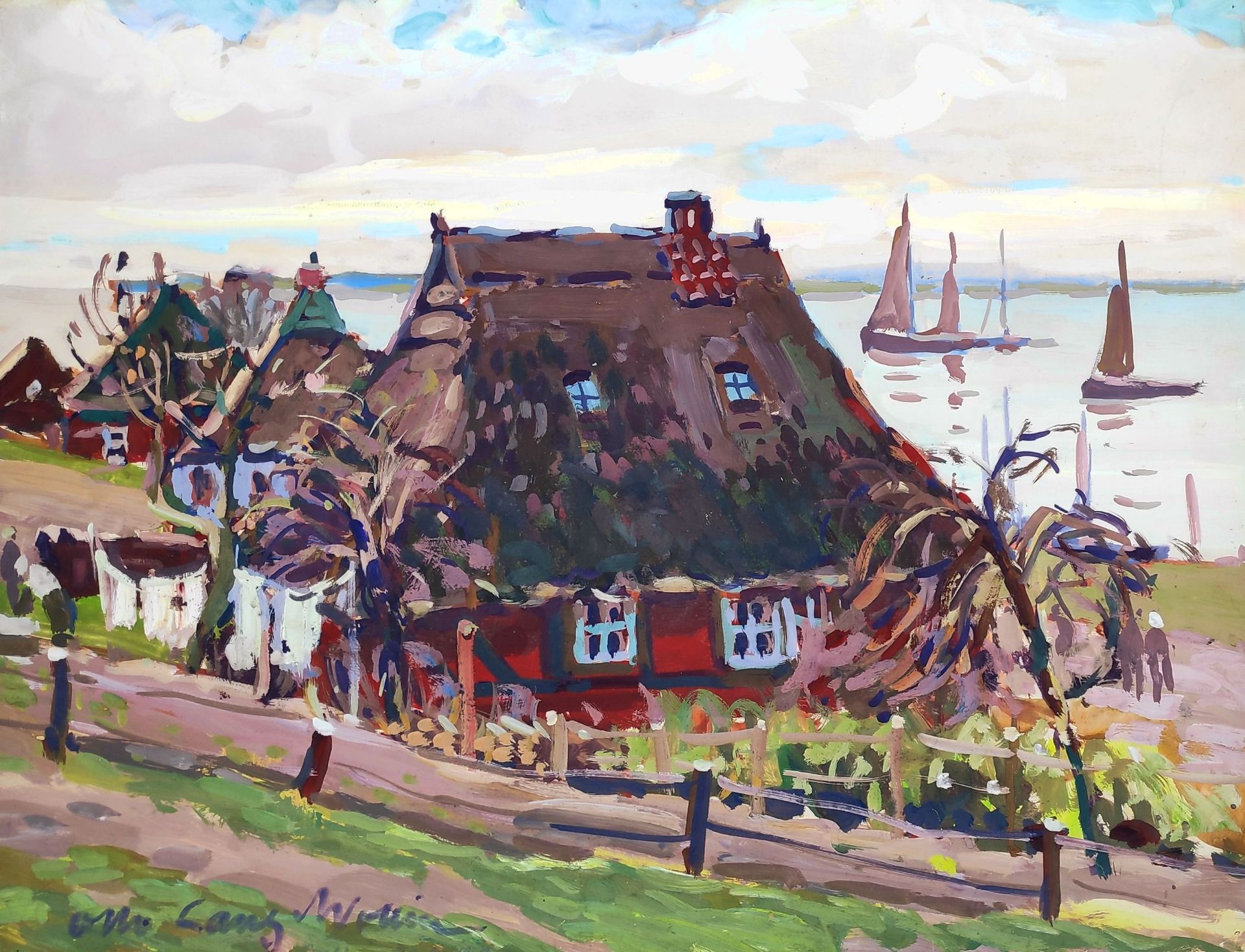 Lang-Wollin, Otto (1881 Kassel – 1958 San Remo) „Fischersiedlung Gothmund an der Trave bei Lübeck“