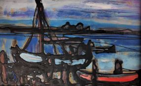 Vegesack, Rupprecht von (1917 Dorpat - 1976 Maasholm) „Rotes und blaues Boot am Ufer, im Hintergrun