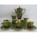 Rare Royal Crown Devon lustre and enamel coffee set. (small chip to base of coffee pot and 1 cup)