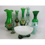 Selection of Green art glass vases including Murano, Bohemian, Caithness etc