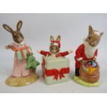 3 Royal Doulton Bunnykins Christmas figurines one has its box.