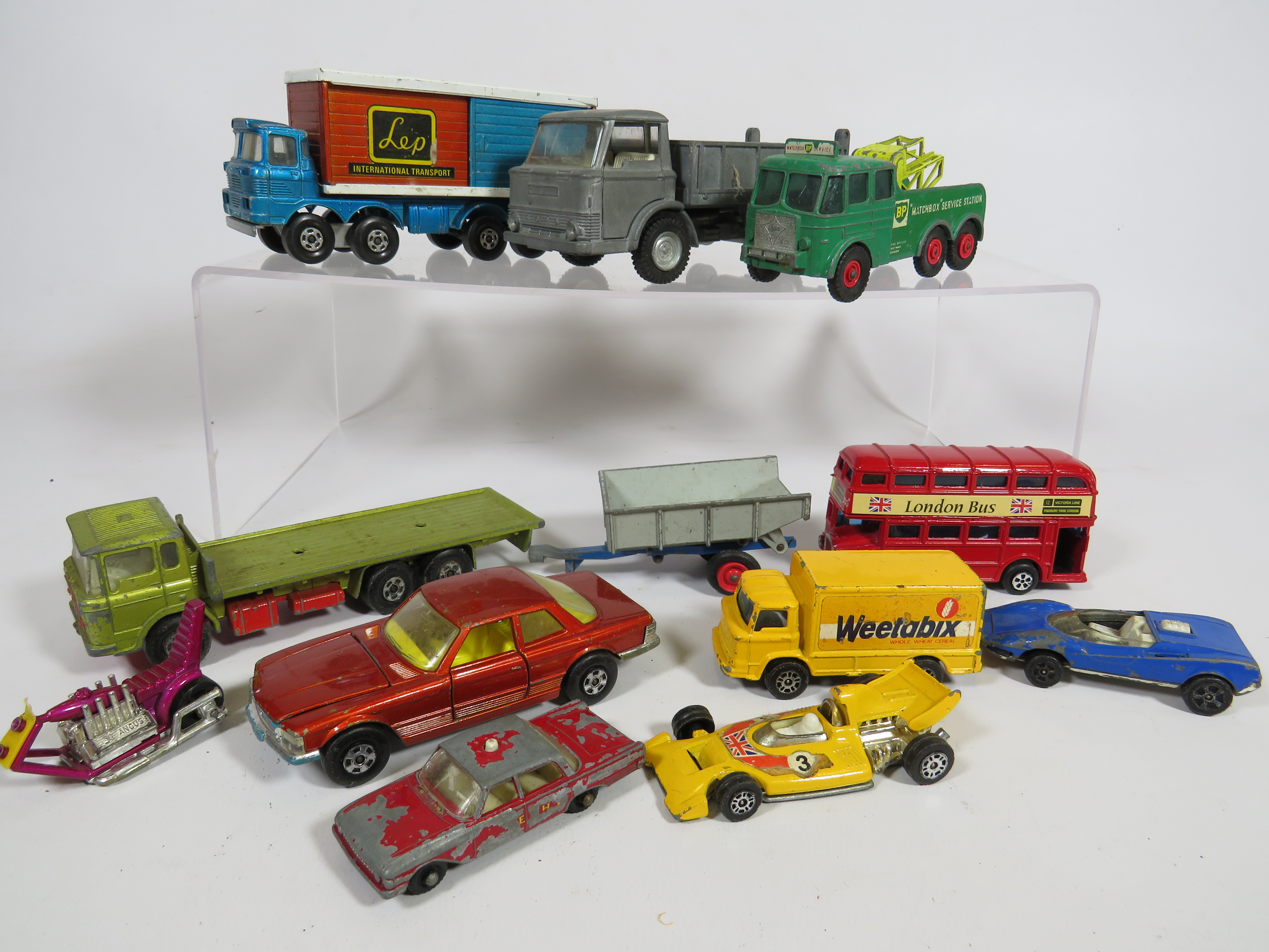 Selection of playworn die cast models by Matchbox and Dinky. See photos.