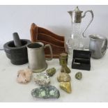 Mixed lot to include a marble Pestle and mortar, letter rack, Fossil and stones etc.