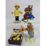 4 Royal Doulton Bunnykins figurines, Bed time, Rainy Day, Mothers day etc.