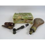 Vintage brass powder flask and a cartridge powder measure, Cheroot etc.