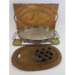 4 vintage trays, Retro, wooden and silver plated plus 6 tree bark shot glasses.