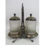 Vintage silver plated double pickle castor with glass jars. Approx 9.5" tall.