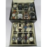 Selection of 16 Mostly Mechanical watches presented in a salesmans display box. 14 watches in