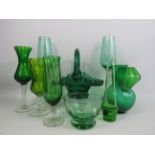 10 Pieces of green art glass, Krosno, Empoli etc.