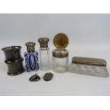 A selection of Vintage glass perfume bottles with sterling silver lids, silver pendant etc.