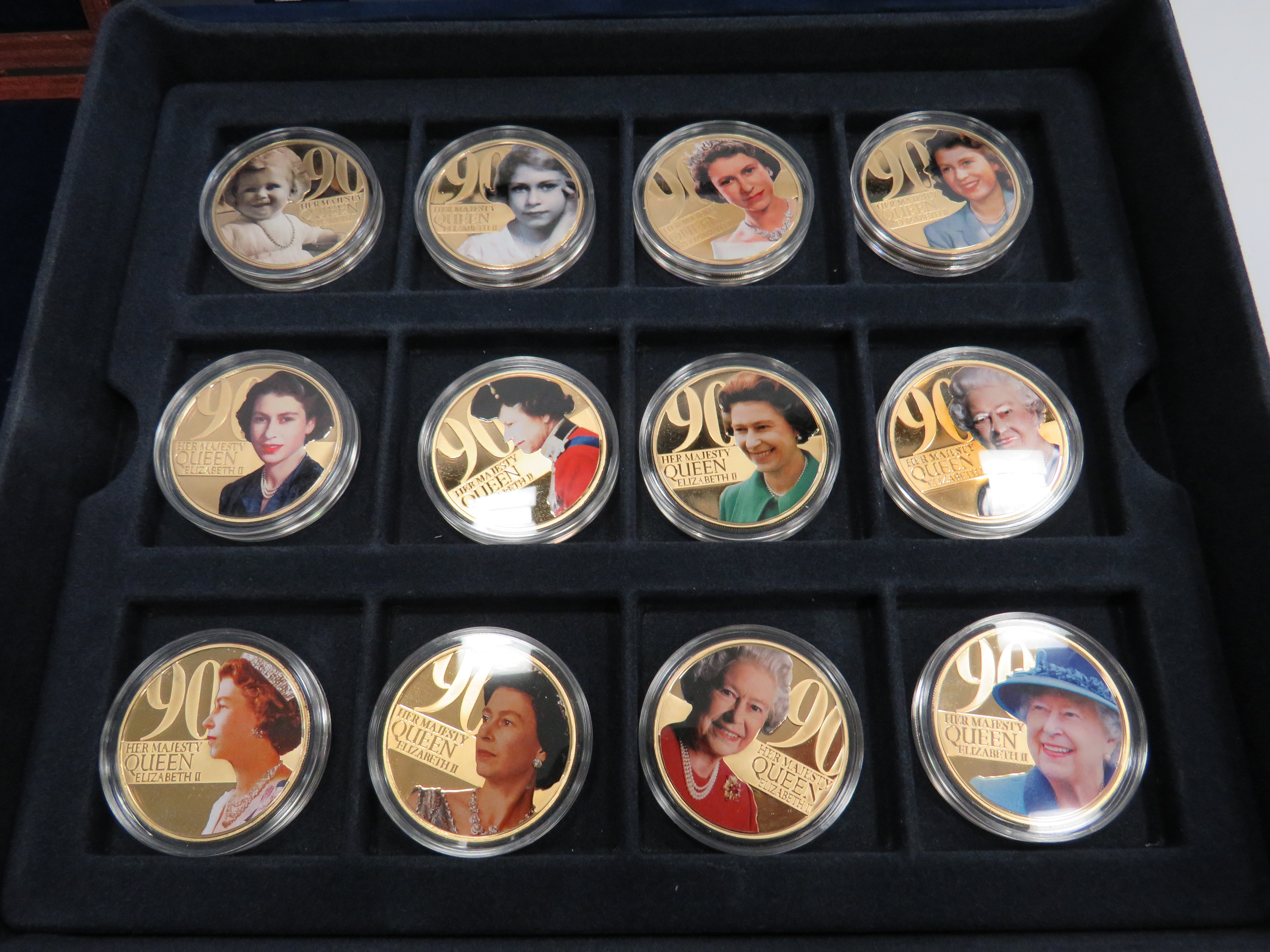 Cased Boxed Set of 24 gold plated Copper Commemorative Coins of the Queens 90th Birthday in 2016 - Image 2 of 5