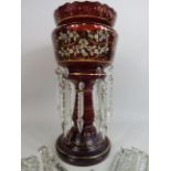 Large Victorian ruby glass lustre with hand painted decoration and a spare set of glass droplets.