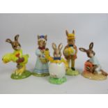 5 Royal Doulton Bunnykins Easter figurines. 2 have boxes.