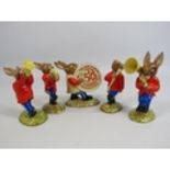 5 Royal Doulton Bunnykins Oomph band figurines. The Drummer has had a repair.